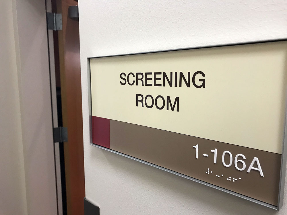 Free classic film screenings at South City Campus Screening room sign