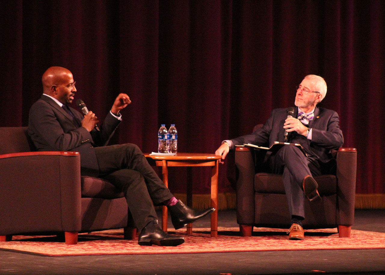 Van Jones discusses journalism, politics at Tanner Forum on Social Ethics Van Jones and Nick Burns