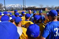 Bruin softball, baseball teams begin postseason play Bruin baseball team huddle