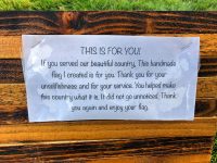 Thank-you note from wooden flag maker