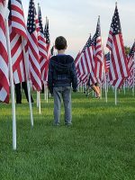 Young boy in between rows of flags