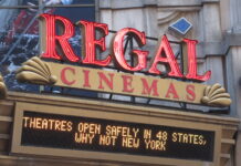 Pandemic forces Hollywood to rethink the future of film Regal Cinemas sign says "Theatres open safely in 48 states, why not New York"