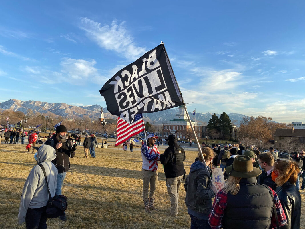 Black Lives Matter flag at pro-Trump rally