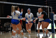 SLCC volleyball continues season in Region 18 tournament Bruin teammates celebrate