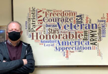 How SLCC serves its military community Steve Hill stands next to military word cloud shaped like United States