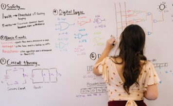 Educators hope to shrink the STEM gender gap Woman teaches circuit theory on a whiteboard