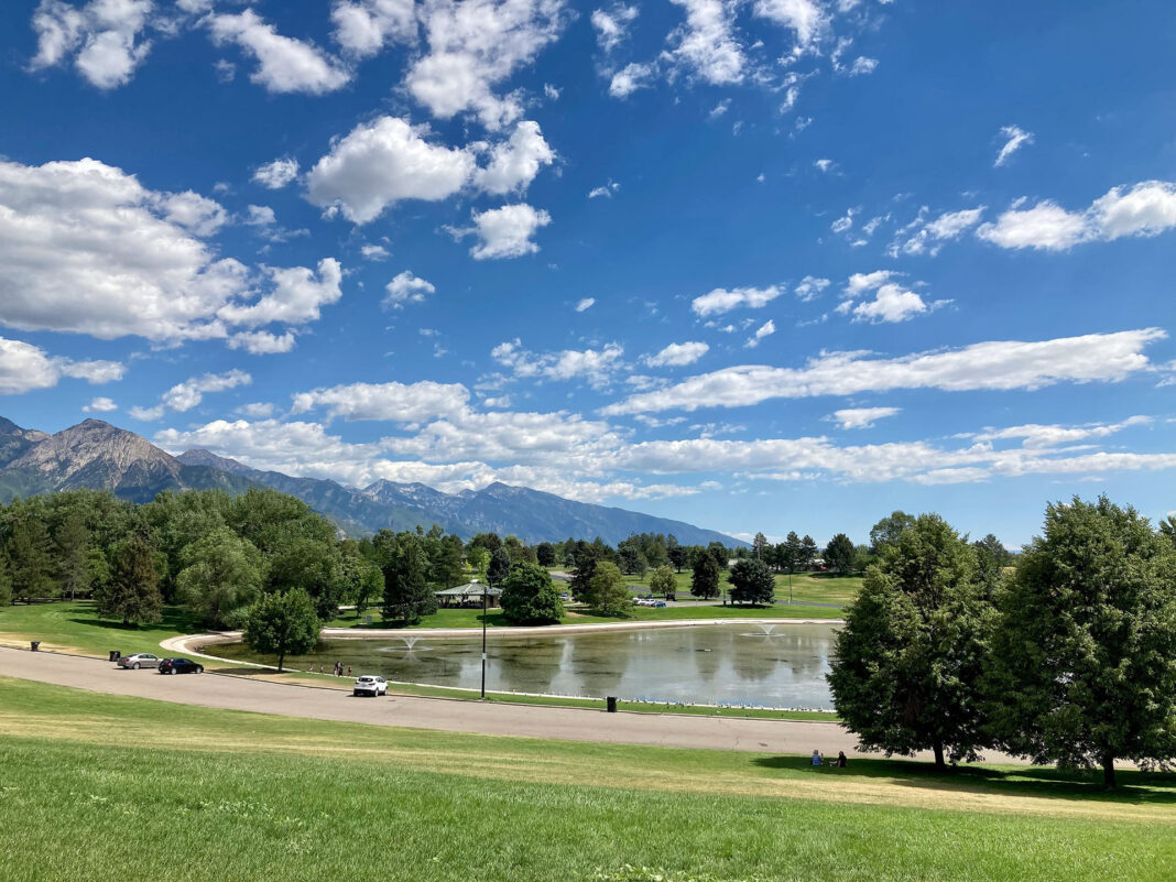 Sugar House Park on a partly cloudy day