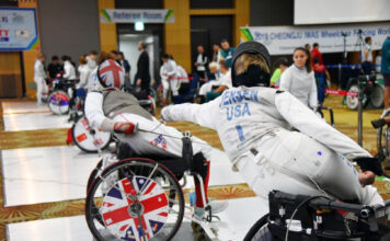SLCC student prepares for Paralympic Games in Tokyo Fencing between two opponents in wheelchairs