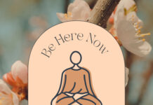 Meditate for the health of it Illustration of a person meditating under the words "Be Here Now"
