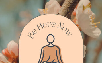 Meditate for the health of it Illustration of a person meditating under the words "Be Here Now"