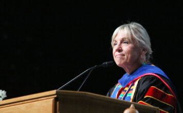 Deneece Huftalin announces she’ll be stepping down as SLCC president in June 2024 Deneece Huftalin at the podium