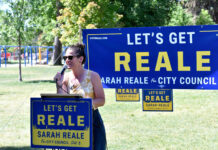 SLCC instructor runs for SLC Council District 5 Sarah Reale speaking at her campaign launch event