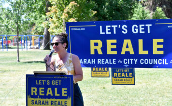 SLCC instructor runs for SLC Council District 5 Sarah Reale speaking at her campaign launch event
