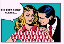 Holding hands to holding back: How the pandemic affected dating Illustration of woman telling a man "Six feet away, please..."