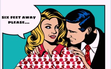 Holding hands to holding back: How the pandemic affected dating Illustration of woman telling a man "Six feet away, please..."