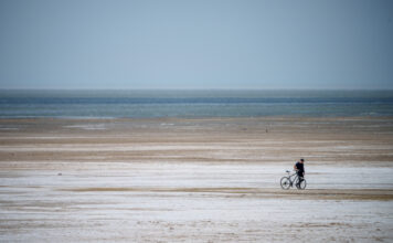 N. Utah seeing its worst dust in a decade. Why the drying Great Salt Lake isn’t to blame — yet. Man with bicycle walking on dry portion of Great Salt Lake
