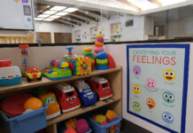 Childcare available for student parents Children's toys arranged on shelves and a poster with faces that reads "Identifying your feelings"