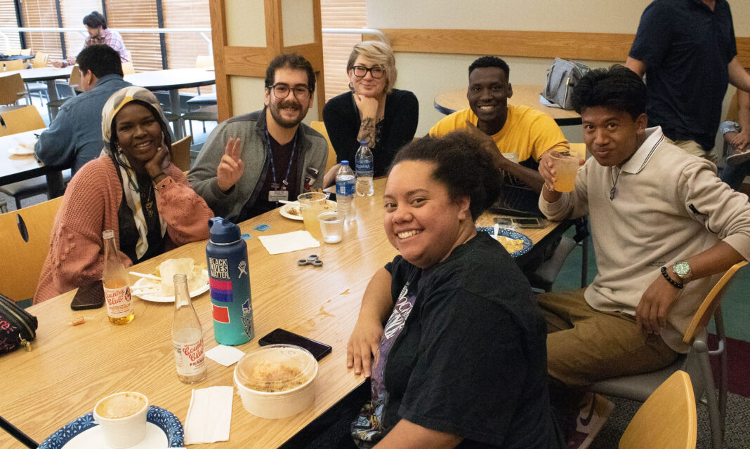 Six students eating lunch
