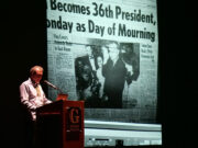 Former White House photographer tells stories of humanity in the nation’s highest office Pete Souza stands at a podium beside LBJ's swearing-in photo projected on a screen