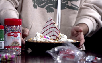 What’s Bruin’ – Pie decorating Decorated pie topped with a holiday tree cake and whipped cream