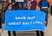 Hundreds protest at the Capitol to demand legislative action that helps the Salt Lake Two protesters hold blue sign that reads "save our Great Salt Lake"