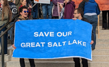 Hundreds protest at the Capitol to demand legislative action that helps the Salt Lake Two protesters hold blue sign that reads "save our Great Salt Lake"