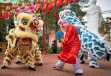 SLCC members welcome Lunar New Year Lion dance performers in a public square
