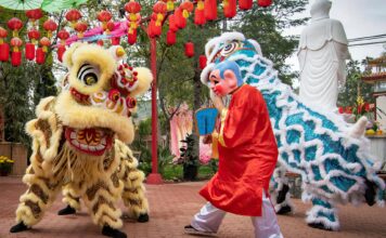 SLCC members welcome Lunar New Year Lion dance performers in a public square