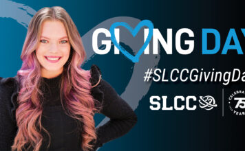Give to students this Thursday for Giving Day Young woman smiling for SLCC Giving Day graphic