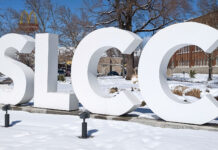 Virtual studio coming to South City Campus SLCC block letters outside South City Campus in winter