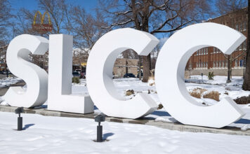 Virtual studio coming to South City Campus SLCC block letters outside South City Campus in winter