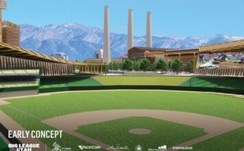 Salt Lake City announces its bid for Major League Baseball Rendering of baseball field with power structures in background