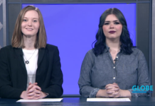 Globe News: May 2, 2023, episode 1 Addison Whitmer and Mavaney Burnham seated at news desk