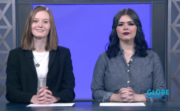 Globe News: May 2, 2023, episode 1 Addison Whitmer and Mavaney Burnham seated at news desk