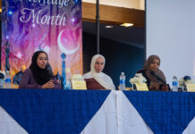 Hijab forum at SLCC seeks to inform, highlight religious diversity Left to right: Asma Bano, Jamilla Al-ani and Gachi Guet sit behind a table. Bano speaks into a microphone.