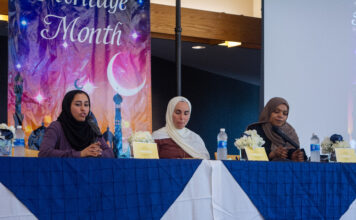 Hijab forum at SLCC seeks to inform, highlight religious diversity Left to right: Asma Bano, Jamilla Al-ani and Gachi Guet sit behind a table. Bano speaks into a microphone.