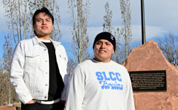 Two brothers work to promote diversity and Native American heritage at SLCC Twin brothers Joey, left, and Joseph Du Shane-Navanick pose in front of a land acknowledgement plaque