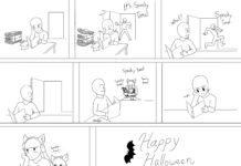 Comic: Spooky time at SLCC Panel 1: Student 1 looks weary while reading at desk; Panel 2: Door opens, student 2 exclaims "It's spooky time!" Student 1 startled; Panel 3: Student 1 turns and says "What?" Student 2 says "Spooky Time!" and runs; Panel 4: Student 1 glaring in direction of Student 2, who is now out of frame; Panel 5: Student 1 looks with surprise as Student 2 says "Spooky time!" while wearing costume and holding jack-o-lantern and Halloween decorations; Panel 6; Student 1 sighs and turns head sharply back toward book; Panel 7: Student 2 whispers "Spooky time" as they sneak up behind Student 1 and place a headband with ears on Student 1, who looks annoyed; Panel 8: Happy Halloween Everyone!