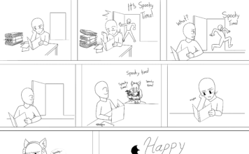 Comic: Spooky time at SLCC Panel 1: Student 1 looks weary while reading at desk; Panel 2: Door opens, student 2 exclaims "It's spooky time!" Student 1 startled; Panel 3: Student 1 turns and says "What?" Student 2 says "Spooky Time!" and runs; Panel 4: Student 1 glaring in direction of Student 2, who is now out of frame; Panel 5: Student 1 looks with surprise as Student 2 says "Spooky time!" while wearing costume and holding jack-o-lantern and Halloween decorations; Panel 6; Student 1 sighs and turns head sharply back toward book; Panel 7: Student 2 whispers "Spooky time" as they sneak up behind Student 1 and place a headband with ears on Student 1, who looks annoyed; Panel 8: Happy Halloween Everyone!