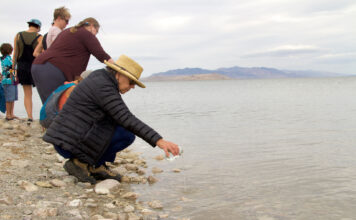 A pouring out of love: Utahns gather for Great Salt Lake blessing ceremony People pouring water into Great Salt Lake from the shoreline