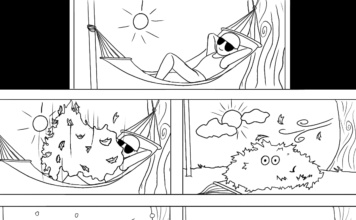 Comic: It’s coming… Panel 1: Person relaxing on a hammock under the sun. Panel 2: Pile of leaves falls on top of person relaxing. Panel 3: Hammock falls to ground, person's eyes open wide underneath pile of leaves as wind and clouds appear. Panel 4: Snow begins to fall on person trapped under pile of leaves, eyes wide open. Panel 5: Snow covers person trapped under pile of leaves, eyes still wide open, no sun. Panel 6: Person now indoors, sitting on chair while sipping on hot cocoa near lit fireplace.