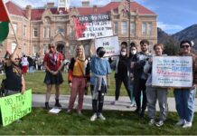 Rally in Provo expresses support for Palestine amid ongoing conflict Multiple people standing outside Provo Library with pro-Palestinian signs