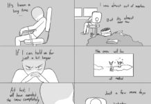 Comic: Just a bit more Panel 1: Person sitting in a chair in the dark, says "It's been a long time..." Panel 2: A pile of old food containers sits on the floor, person says "I was almost out of supplies, but it's almost over now." Panel 3: Person with focused eyes says, "If I can hold on just a bit longer..." Panel 4: Off screen, person says, the snow will be all melted" as a window shows two people playing in snow. Panel 5: Still in the dark, person says with a grin: "At last, I will have avoided the snow completely." Panel 6: Person, sitting in chair, snickers, "Just a few more days. Hmhmhm hehe hehe." Panel 7: Person raises arms and laughs maniacally, while a second creature wearing a hat and scarf enters and stands beside person. Panel 8: Creature sprouts tail and horns, places hand on person's shoulder, and person gives a puzzled facial expression. Panel 9: Creature drags person out of house, into snow, while person screams "NOOOOO"