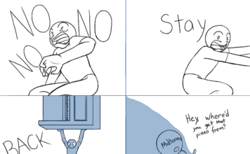 Comic: It’s coming, again Panel 1: Person cowers, screaming "NO NO NO"; Panel 2: Person reaches off frame, shouting "Stay"; Panel 3: Person holds a piano over their head, shouting "BACK" at a second figure; Panel 4: Front view of the second figure, with "Midterms" written on face and "Coming soon" written on t-shirt, saying "Hey, where'd you get that piano from?"; Panel 5: Person throws the piano, smashing the "Midterms" figure.