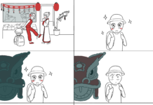 Comic: Lunar New Year Panel 1: Tourist walks past two people outside of a Chinese market, decorated in red. Panel 2: Tourist has a flushed face and starry eyes. Panel 3: Silhouette of a Chinese dragon creeping up behind tourist. Panel 4: Chinese dragon gets closer to the tourist, who has a suspicious look on their face. Panel 5: Chinese dragon is right behind the tourist, who turns around. Panel 6: Tourist jumps back in fright at the sight of Chinese dragon. Panel 7: Hand reaches out through dragon's mouth to pick up tourist's hat. Happy Lunar New Years.