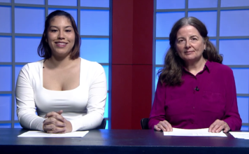 Globe News: Feb. 29, 2024 Luisana, left, and Teresa giving updates from the news desk