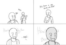 Comic: Brain lag Panel 1: Student 1 and Student 2 say "Hey" to each other. Panel 2: Student 2 says, "It's been a while. How've you been?" Panel 3: Student 1 smiles in a daze, processing, while Student 2 says, "Hello?" Panel 4: Student 1 continues to smile, processing "How've you been?" Panel 5: Inside Student 1's brain, a light clicks on as miniature humanoids look up Panel 6: As the words "How've you been?" enter Student 1's brain, miniature humanoids cower inside Panel 7: The message "Brain.exe has stopped working" appears as Student 1's eyes glaze over. Student 2 says, "You good?"