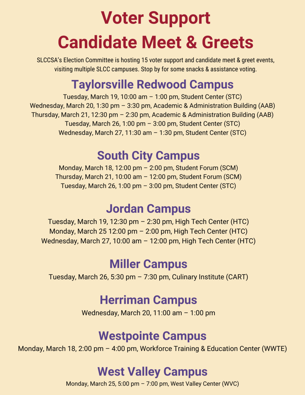 Graphic listing SLCCSA candidate meet and greets