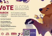 SLCCSA elections: Meet the candidates for 2024-25 Graphic of Bruin Bear casting a vote with SLCCSA election information