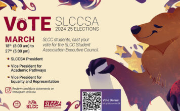 SLCCSA elections: Meet the candidates for 2024-25 Graphic of Bruin Bear casting a vote with SLCCSA election information